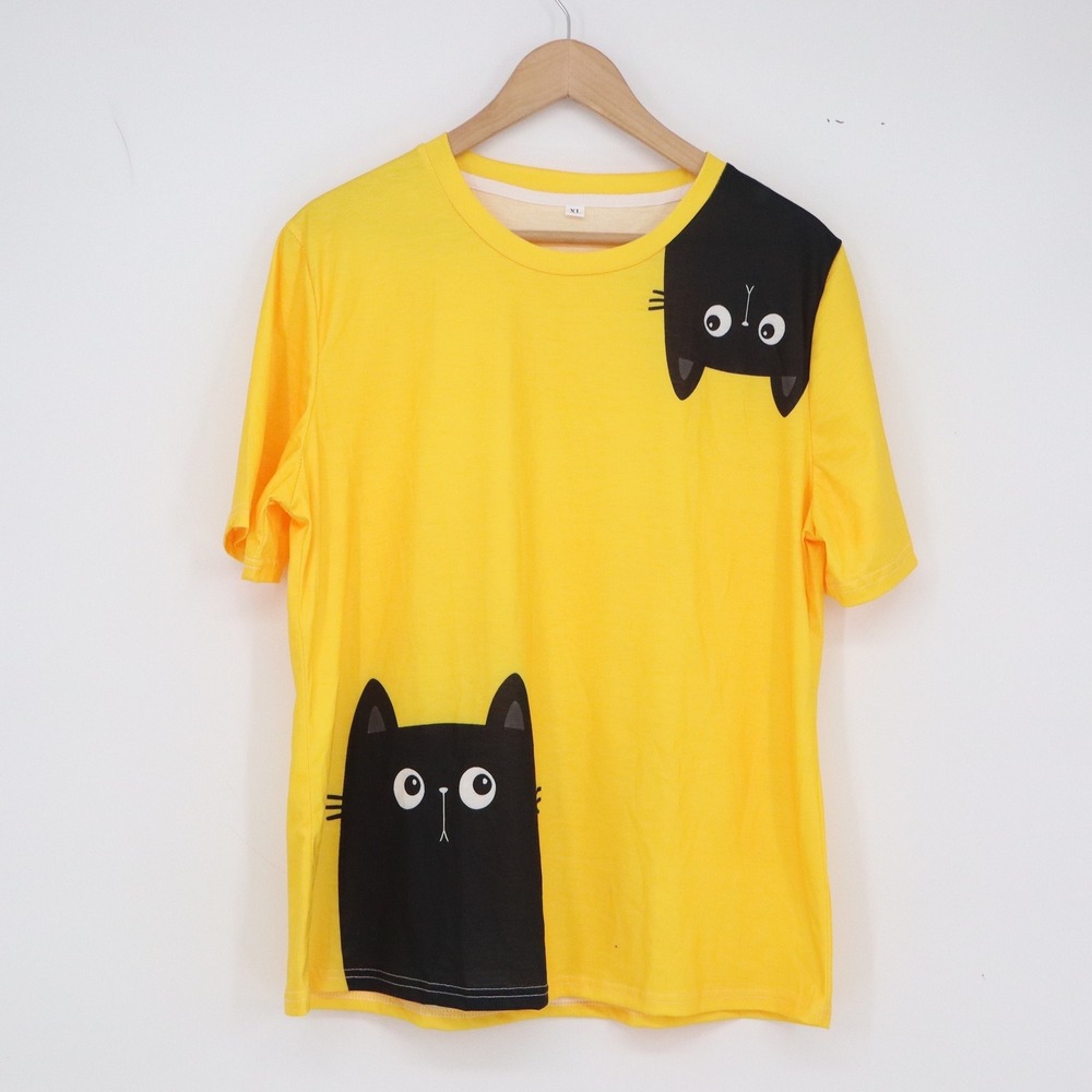 Unbranded T-Shirt Women XL Graphic Cat Yellow Short Sleeve Casual Excellent